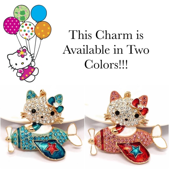 Hello Kitty Flying a Bkue Crystal Airplane Keychain Charm - Picture 15 of 16